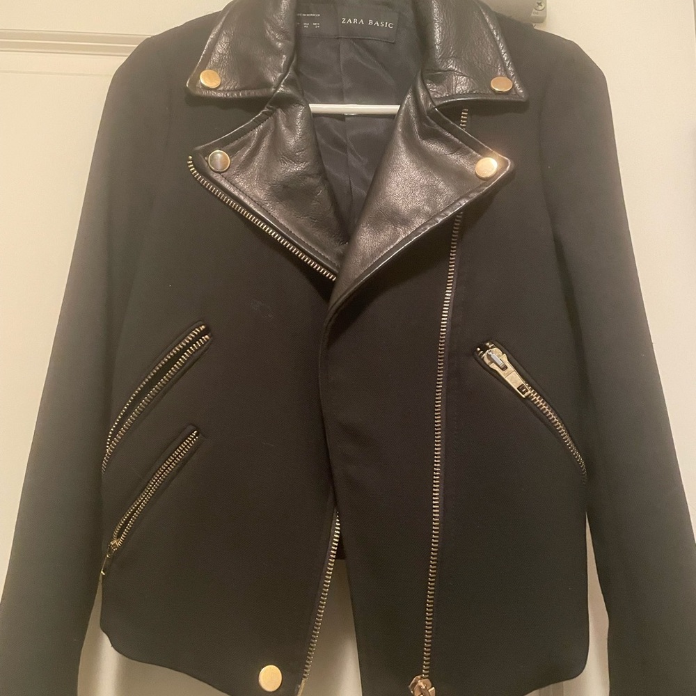 Zara Black Leather Jacket with Gold Details